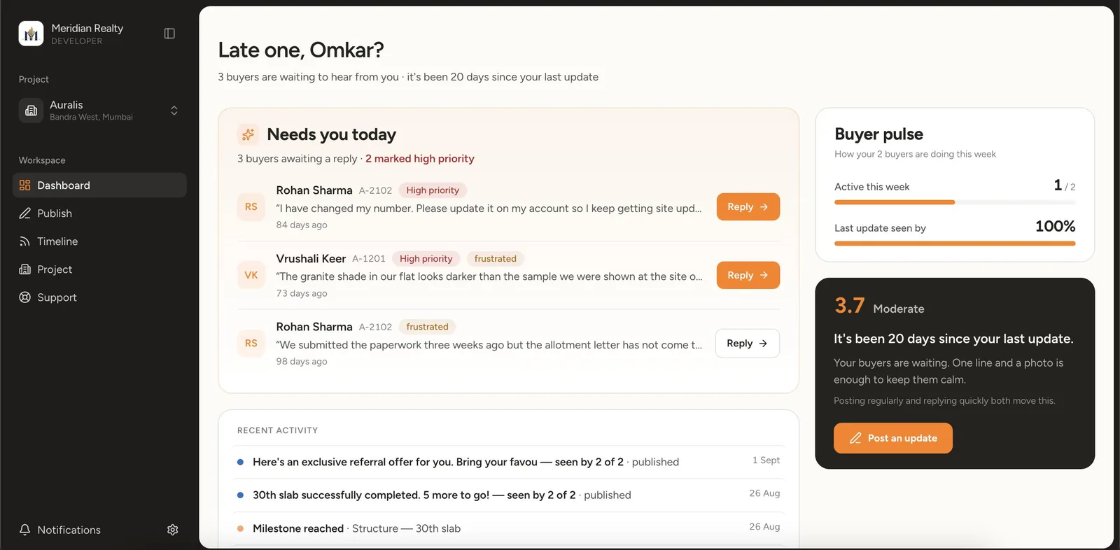Beyond BHK developer dashboard